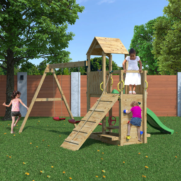 Climbing frame Summit Seeker Scramble large tower double swing climbing wall and slide - Best Shed