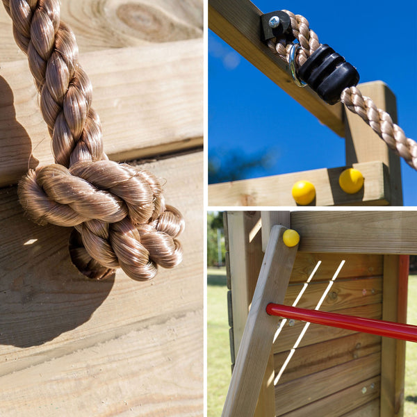 Climbing frame Sky High Hideout featuring double swing, slide and climbing wall - Best Shed