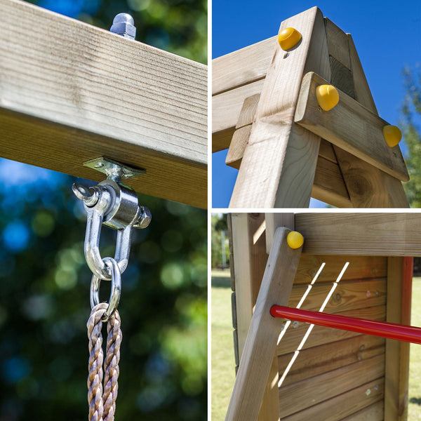Climbing frame Sky High Hideout featuring double swing, slide and climbing wall - Best Shed