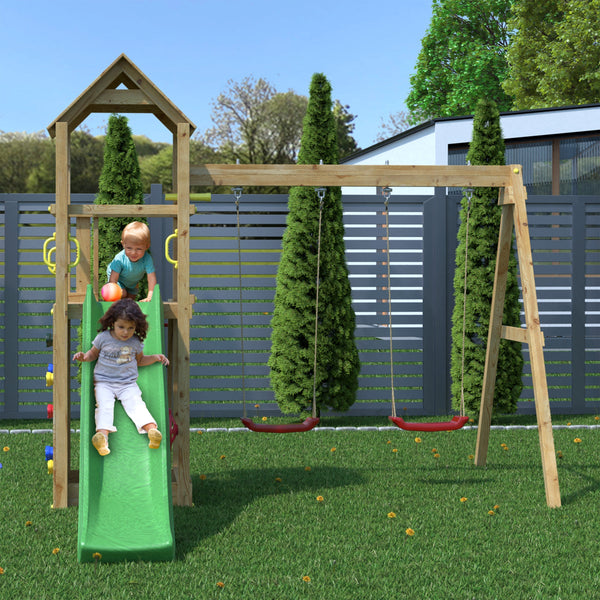 Climbing frame Sky High Hideout featuring double swing, slide and climbing wall - Best Shed