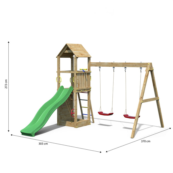 Climbing frame Sky High Hideout featuring double swing, slide and climbing wall - Best Shed