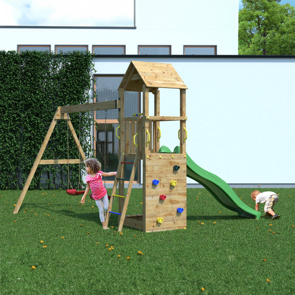 Climbing frame Sky High Hideout featuring double swing, slide and climbing wall - Best Shed
