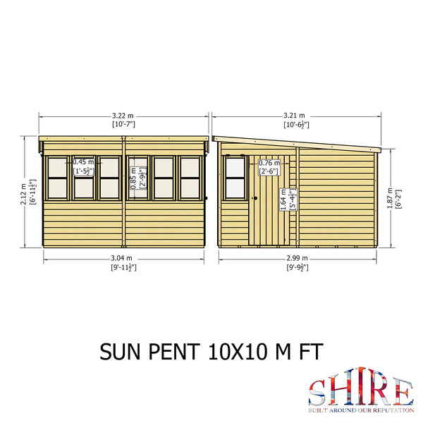 Sun Pent Potting Shed 10x10 Single Door 12mm Shiplap