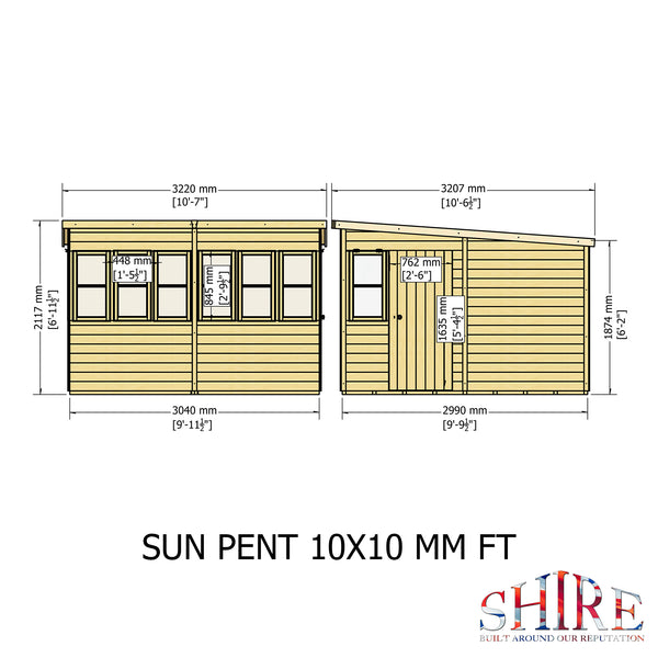 Sun Pent Potting Shed 10x10 Single Door 12mm Shiplap