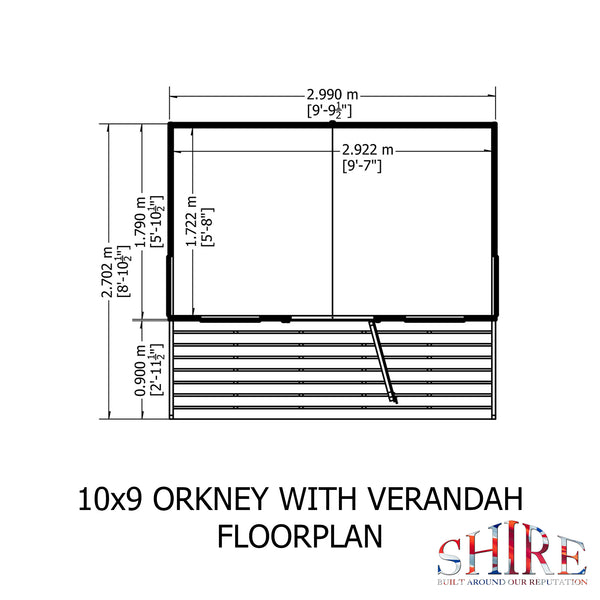 Orkney 10x9 Garden Shed with veranda 12mm Shiplap T&G