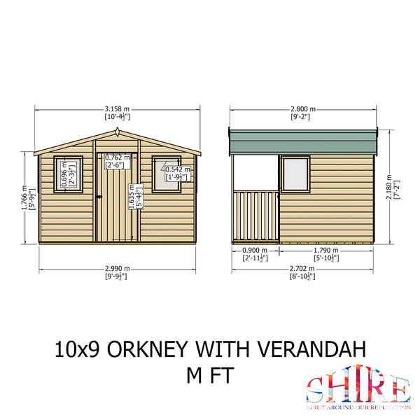 Orkney 10x9 Garden Shed with veranda 12mm Shiplap T&G
