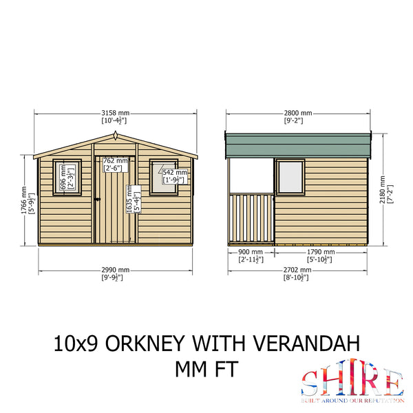 Orkney 10x9 Garden Shed with veranda 12mm Shiplap T&G