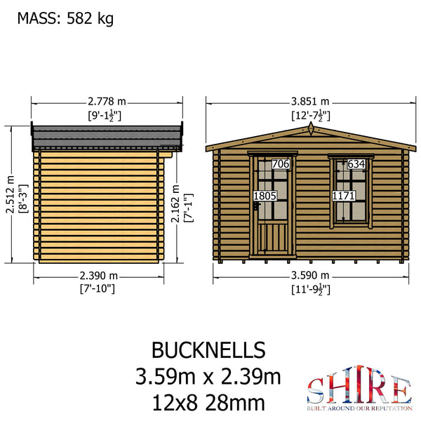 Shire 12x8 bucknells log cabin 28mm Cladding