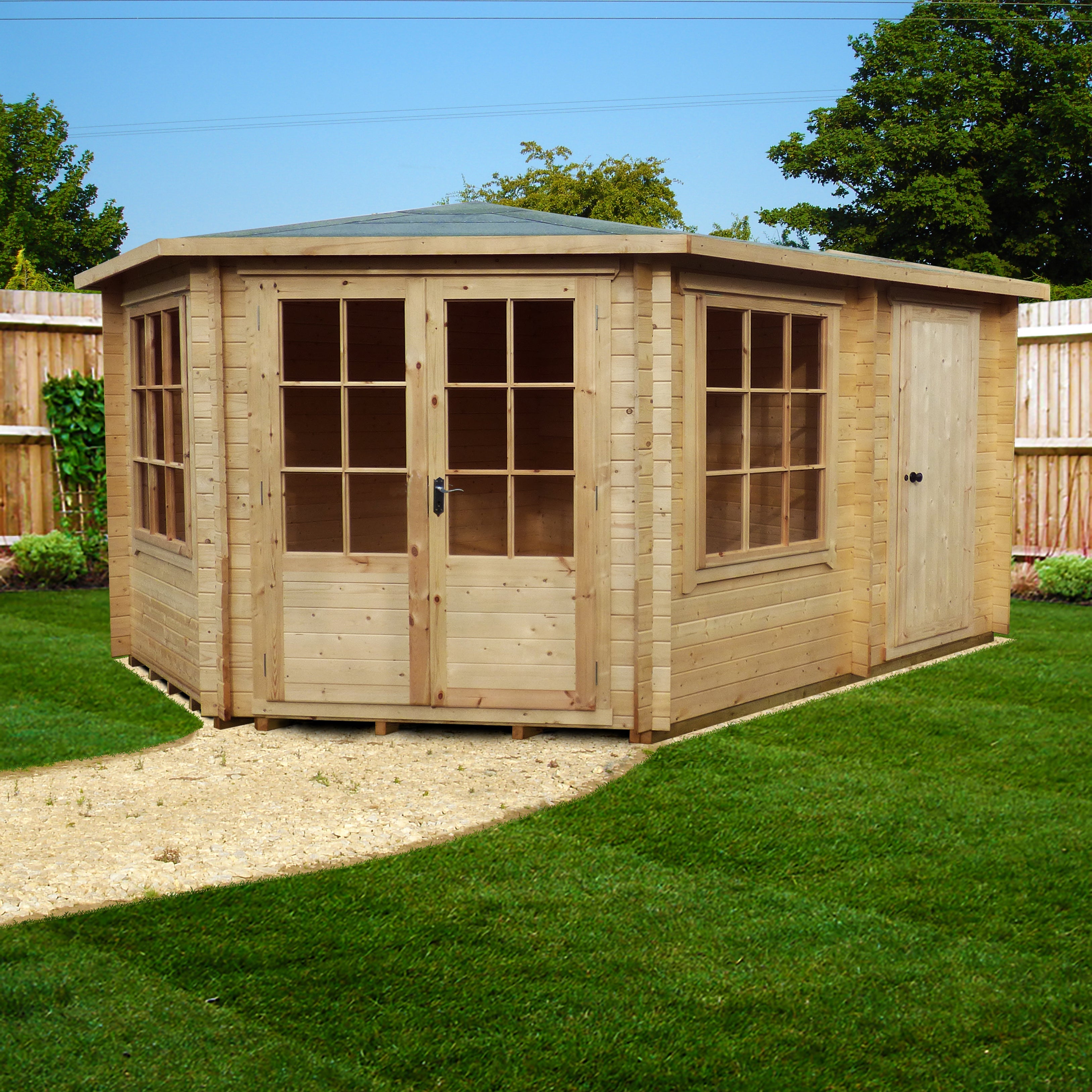 Shire Leygrove Corner Log Cabin 28mm interlock cladding - Best Shed