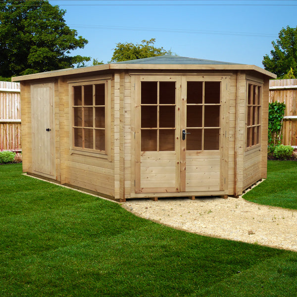 Shire Rowney Corner Log Cabin 28mm interlock cladding - Best Shed