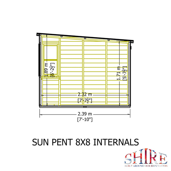 8x8 Sun Pent Potting Shed Style A Single Door 12mm Shiplap