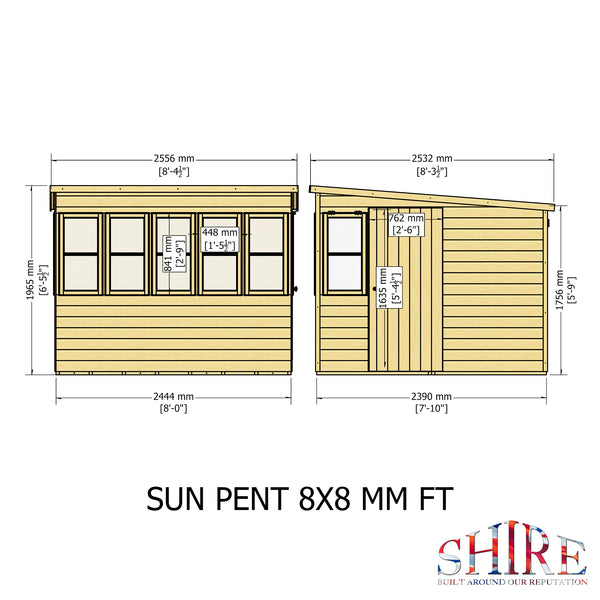 8x8 Sun Pent Potting Shed Style A Single Door 12mm Shiplap