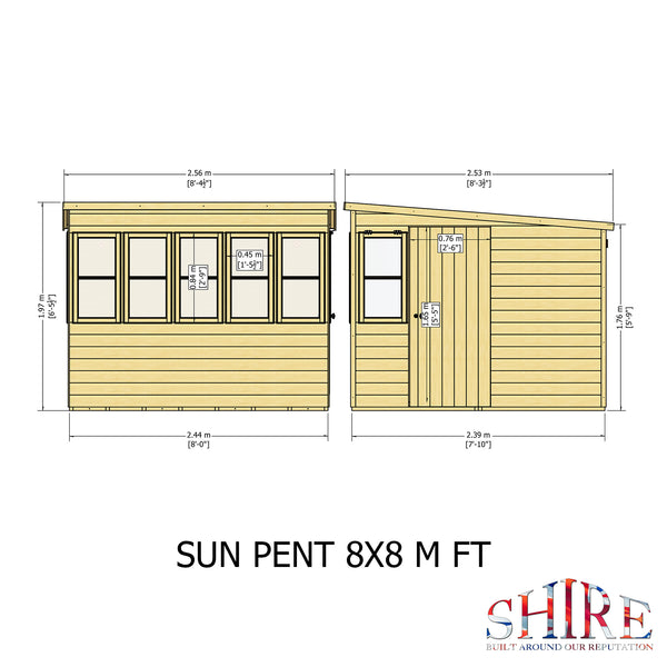 8x8 Sun Pent Potting Shed Style A Single Door 12mm Shiplap