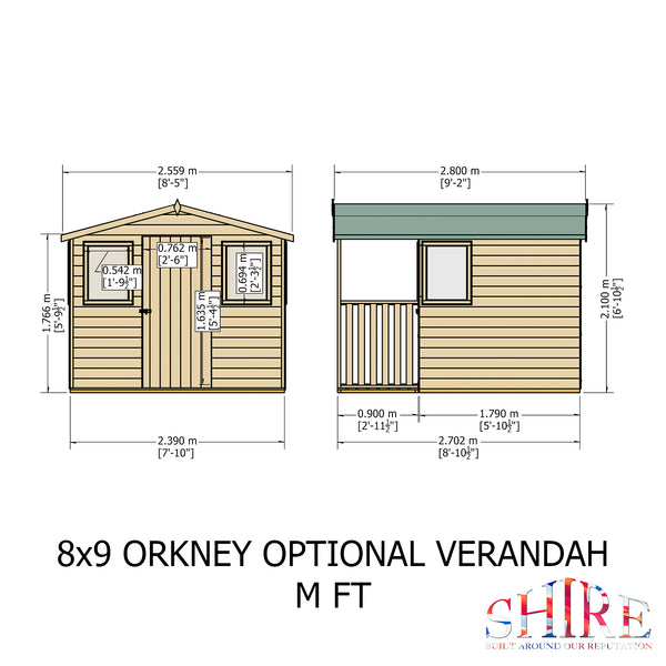 Orkney 8x9 Garden Shed with veranda 12mm Shiplap T&G