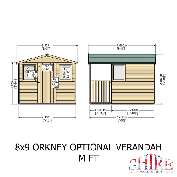 Orkney 8x9 Garden Shed with veranda 12mm Shiplap T&G