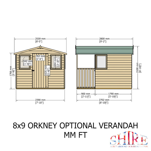 Orkney 8x9 Garden Shed with veranda 12mm Shiplap T&G