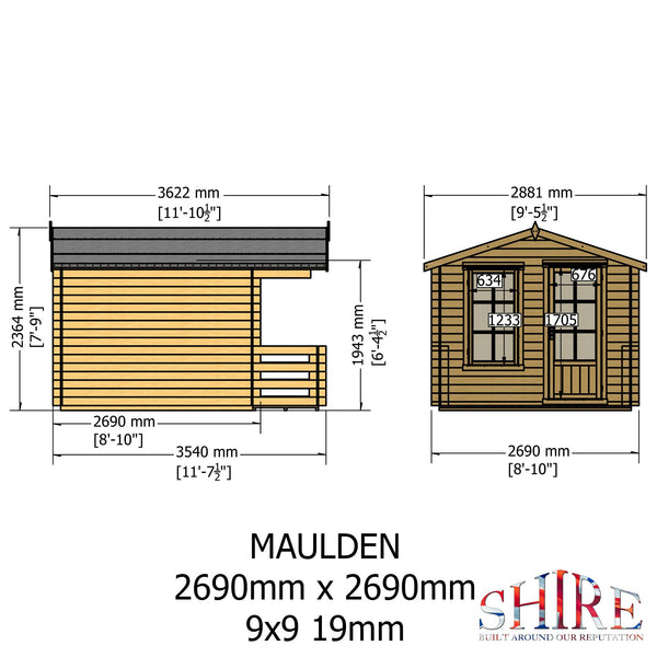 Shire Maulden with verandah 9x9 Log Cabin 19mm interlock Cladding - Best Shed