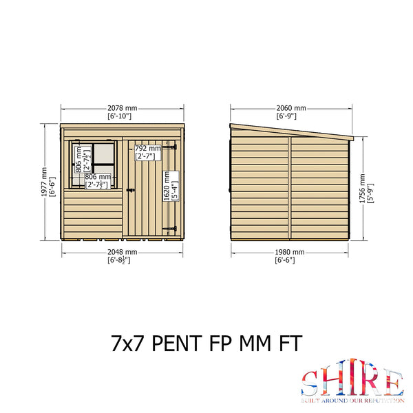 Shire 7x7 double door Pent shed 12mm shiplap interlock cladding