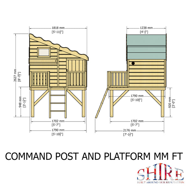 Shire Command post on platform with Slide 6x4 Childrens Playhouse with 12mm Shiplap interlocking cladding