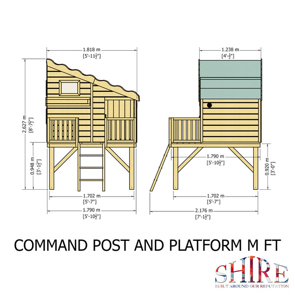 Shire Command post on platform with Slide 6x4 Childrens Playhouse with 12mm Shiplap interlocking cladding