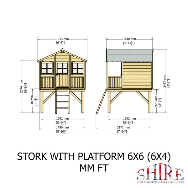 Shire Stork on platform with Slide 6x4 Childrens Playhouse with 12mm Shiplap interlocking cladding