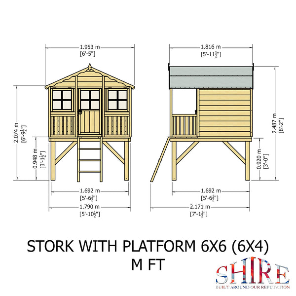 Shire Stork on platform with Slide 6x4 Childrens Playhouse with 12mm Shiplap interlocking cladding