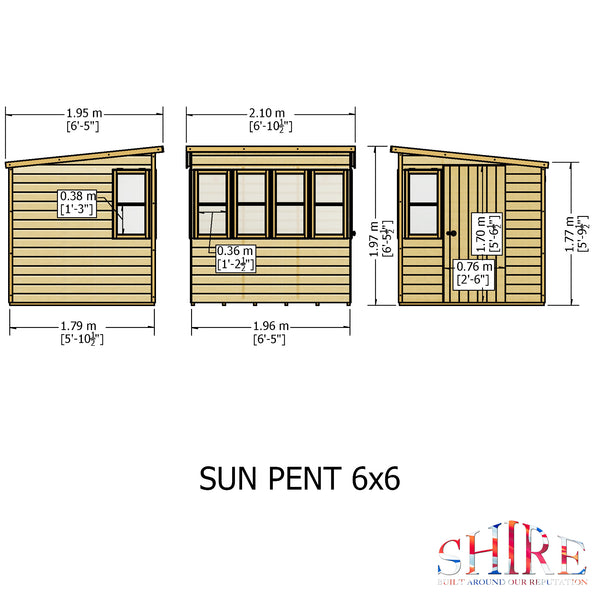 6x6 Sun Pent Potting Shed Style B Single Door 12mm Shiplap