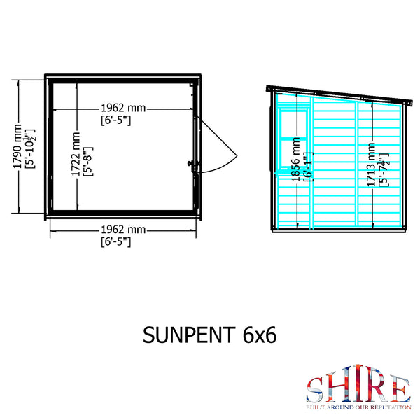 6x6 Sun Pent Potting Shed Style B Single Door 12mm Shiplap
