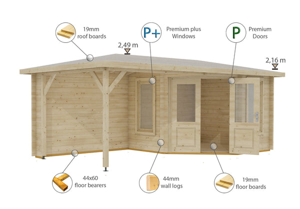 Shire Amarrillo 20x10 Log Cabin and Shelter combination 44mm cladding - Best Shed