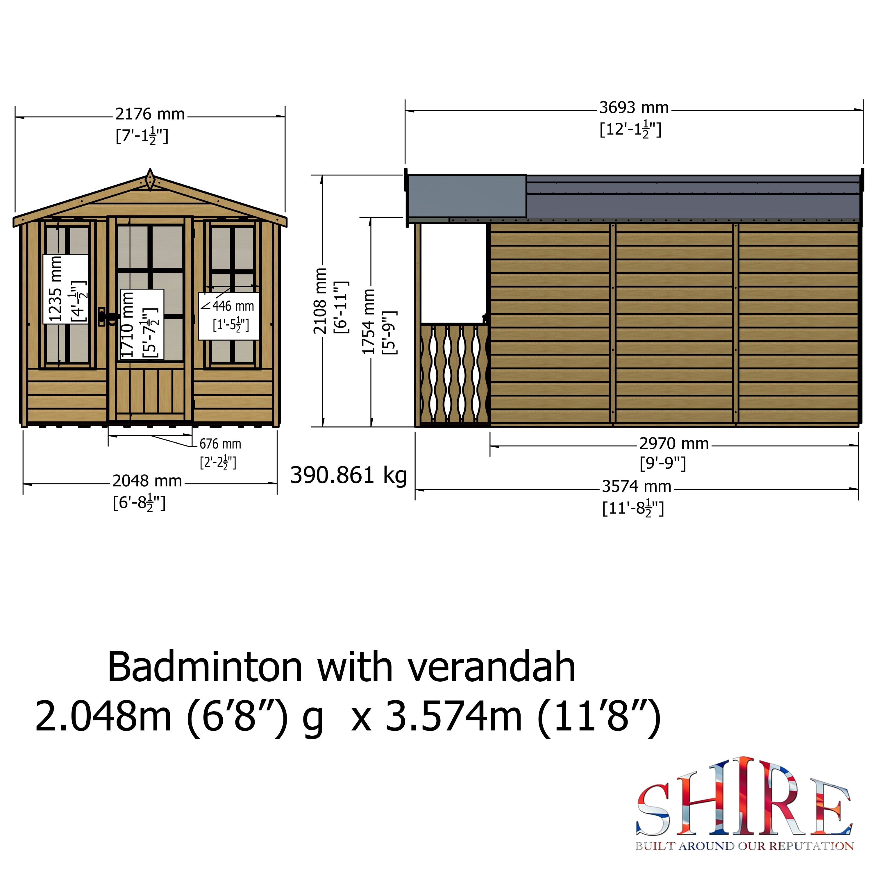 Shire Badminton & Verandah 7x10 12mm interlock Clad wooden Summerhouse - Best Shed