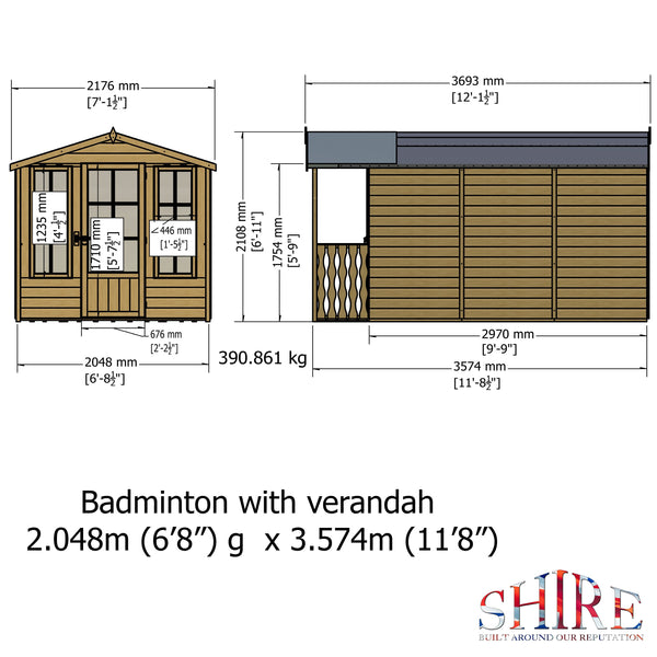 Shire Badminton & Verandah 7x10 12mm interlock Clad wooden Summerhouse - Best Shed