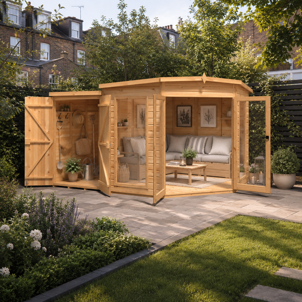 Shire Barclay With Side Shed 8x12 Corner Summerhouse 12mm Interlock Cladding