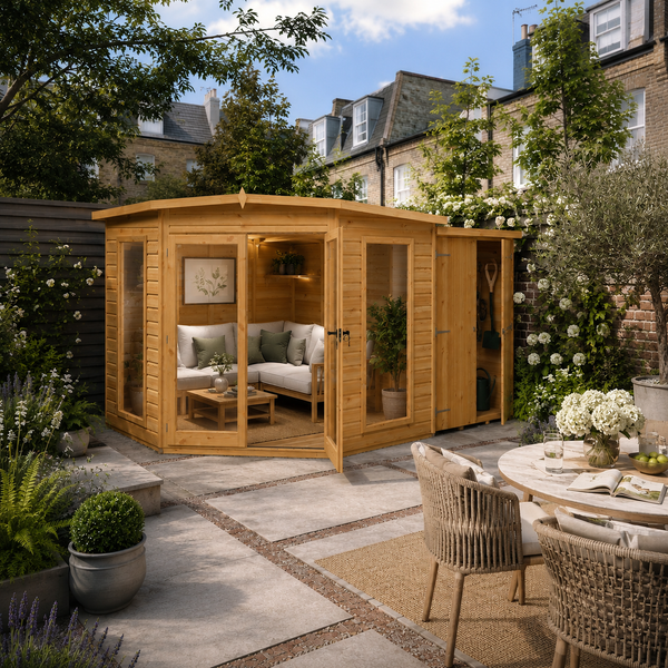 Shire Barclay With Side Shed 8x12 Corner Summerhouse 12mm Interlock Cladding