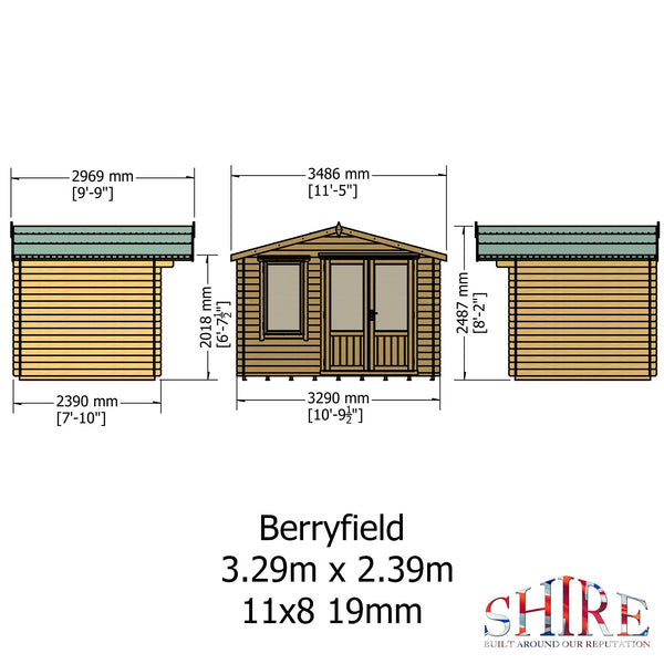 Shire Berryfield 11x8 Log Cabin 19mm interlock  Cladding - Best Shed