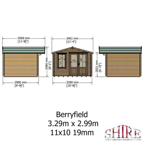 Shire Berryfield 11x10 Log Cabin 19mm interlock  Cladding - Best Shed