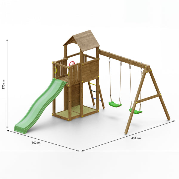 Boomer Climbing Frame Tower featuring Swings Slide sandpit and climbing wall - Best Shed