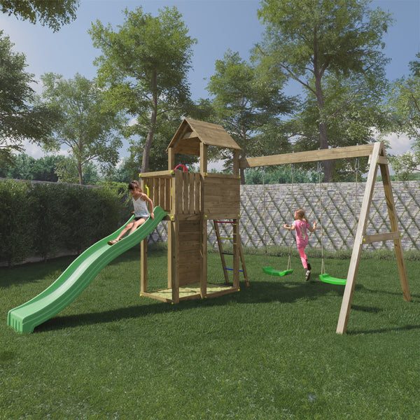 Boomer Climbing Frame Tower featuring Swings Slide sandpit and climbing wall - Best Shed
