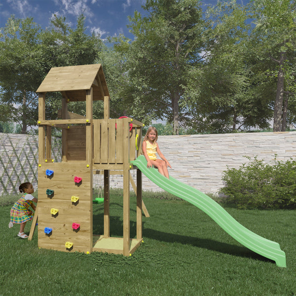 Boomer Climbing Frame Tower featuring Swings Slide sandpit and climbing wall - Best Shed