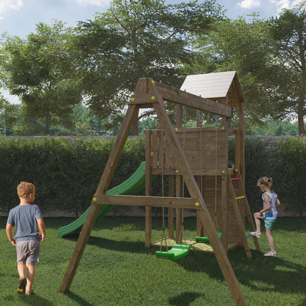 Boomer Climbing Frame Tower featuring Swings Slide sandpit and climbing wall - Best Shed