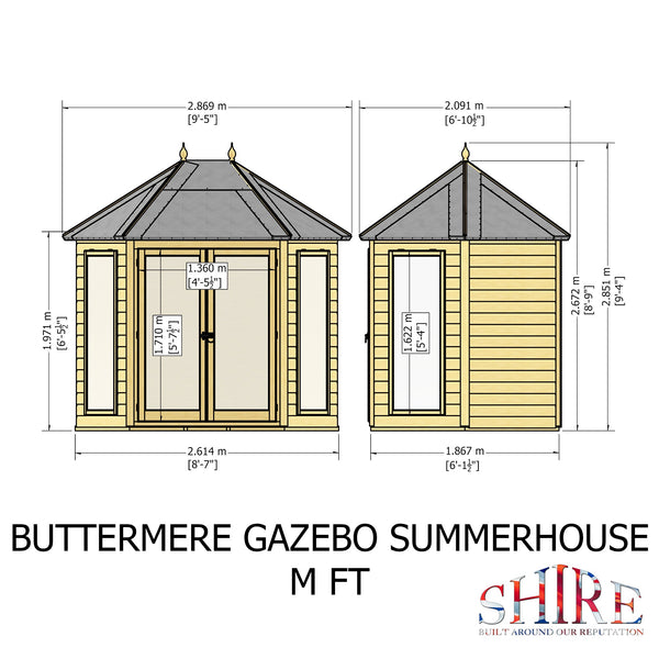 Shire Buttermere Hexagonal Gazebo Summerhouse 8x7 Double doors 12mm Cladding