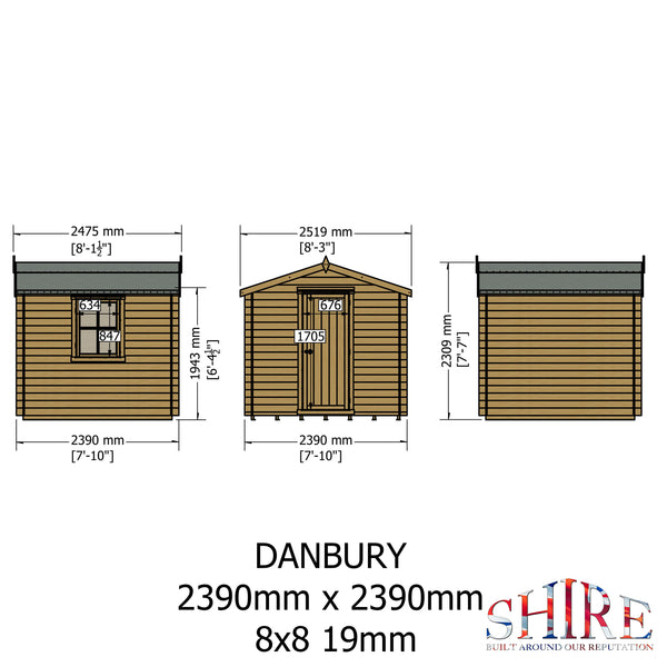 Shire Danbury 8x8 Log Cabin 19mm interlock  Cladding - Best Shed