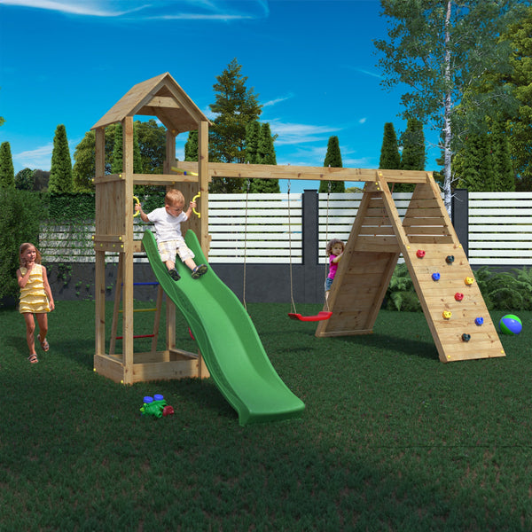 Fleppi Climbing Frame With Tower Swings Slide and Climbing Wall - Best Shed
