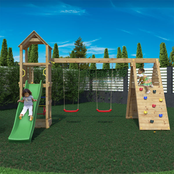 Fleppi Climbing Frame With Tower Swings Slide and Climbing Wall - Best Shed