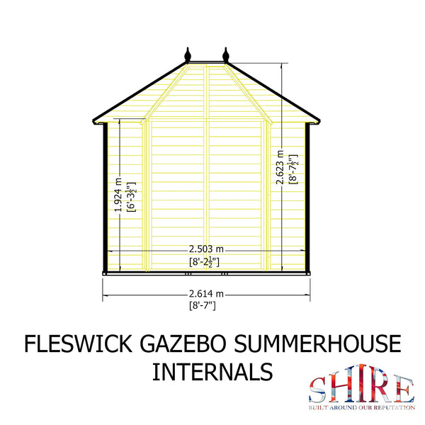 Shire Fleswick Hexagonal Gazebo Summerhouse 8x7 Double doors 12mm Cladding