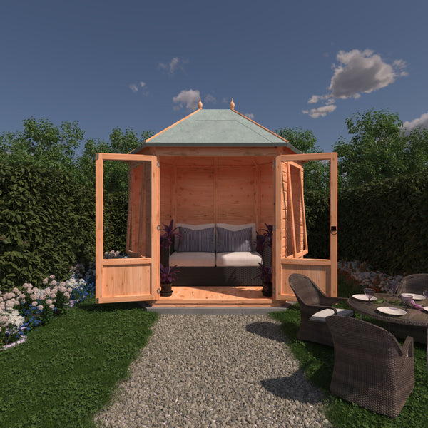 Shire Fleswick Hexagonal Gazebo Summerhouse 8x7 Double doors 12mm Cladding