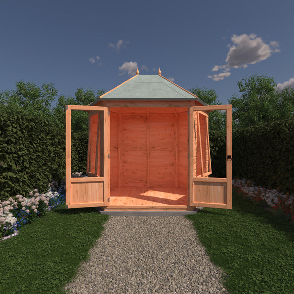 Shire Fleswick Hexagonal Gazebo Summerhouse 8x7 Double doors 12mm Cladding