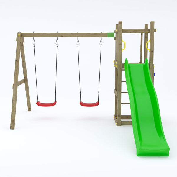 Climbing frame Rumble Ridge Rock Wall with double swing, slide and wall - Best Shed