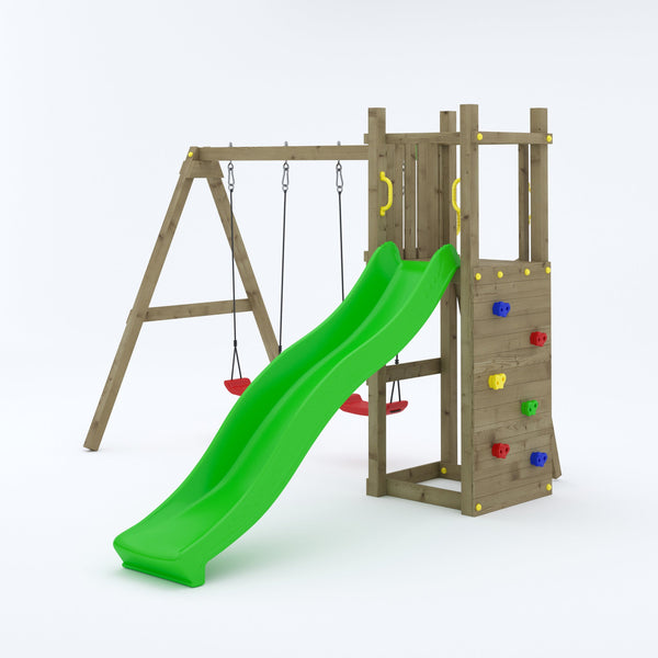 Climbing frame Rumble Ridge Rock Wall with double swing, slide and wall - Best Shed
