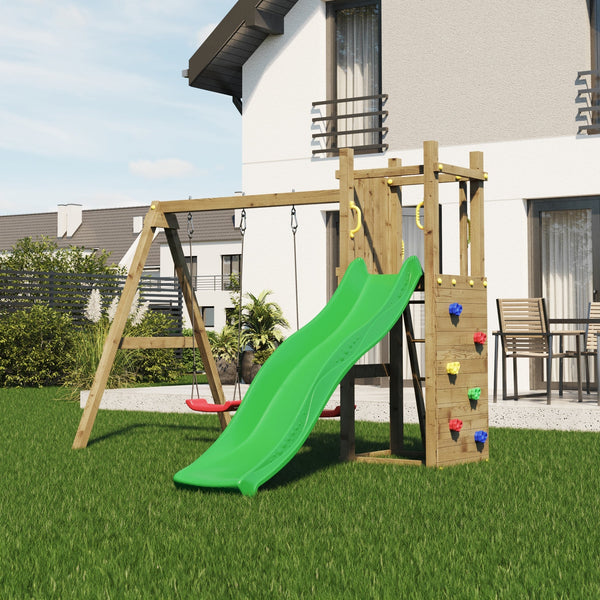 Climbing frame Rumble Ridge Rock Wall with double swing, slide and wall - Best Shed