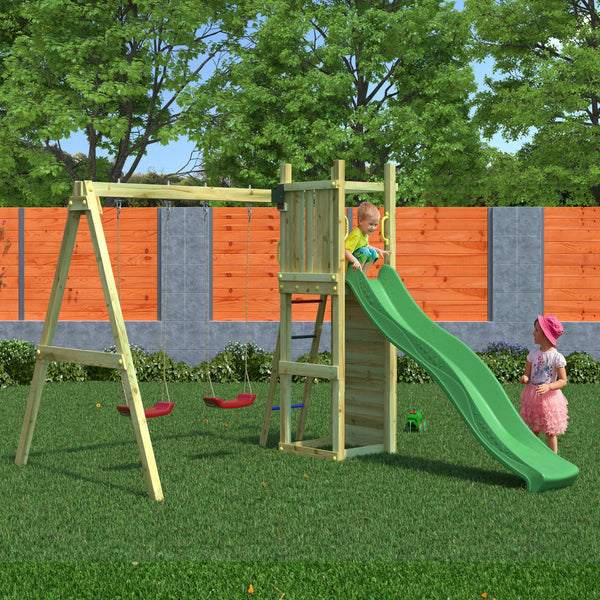 Climbing frame Rumble Ridge Rock Wall with double swing, slide and wall - Best Shed